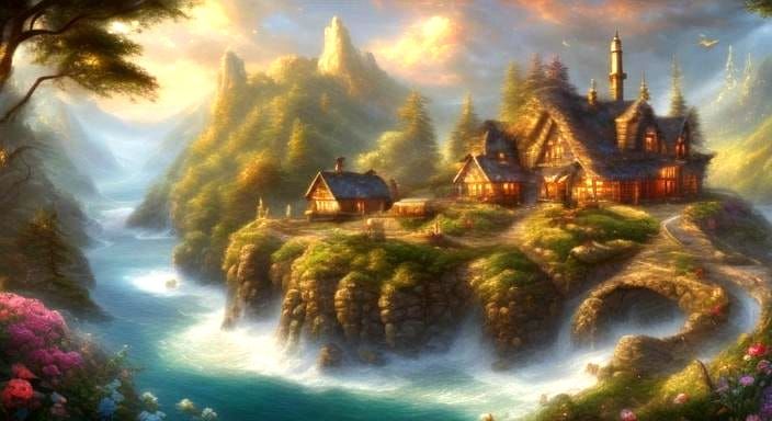 Whimsical Cosmic Landscape at Sunset