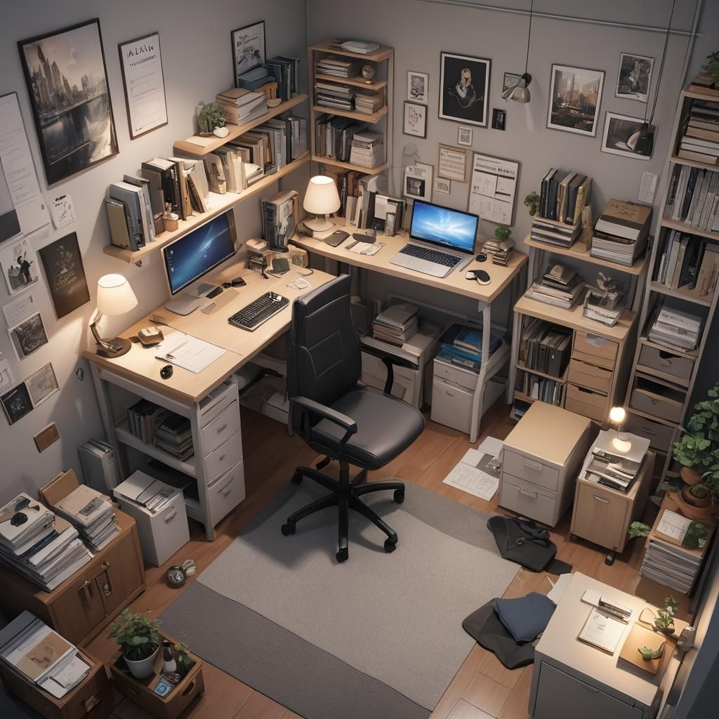 Anime Style Bedroom Interior with Desk and Bed