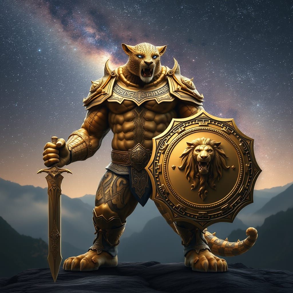 Colossal Leopard-Humanoid Warrior in Golden Armor