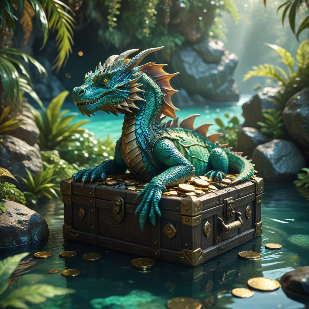 Vibrant Tropical Paradise Dragon Resting in Treasure Cove