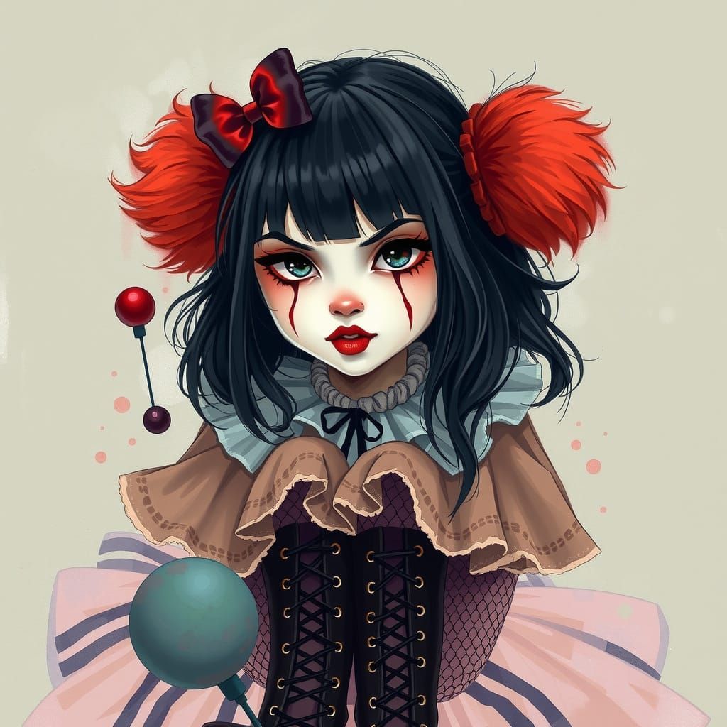 Melancholic Clown Girl in Whimsical, Watercolor-Inspired Fan...