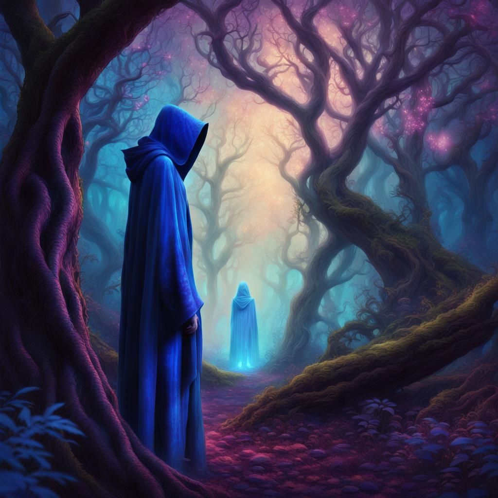 Mystical Hooded Figure in Glowing Forest, Digital Art
