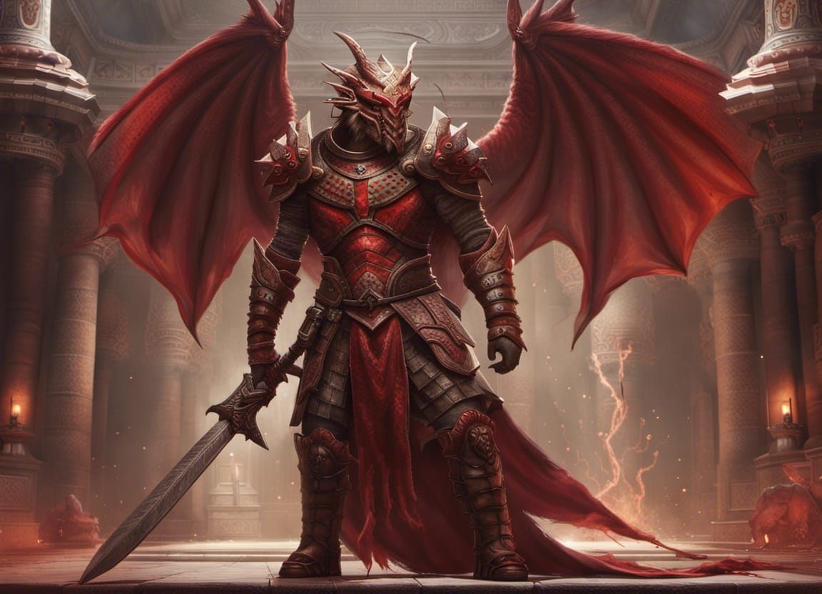 Red Dragonborn Warrior in Temple, High Fantasy Style