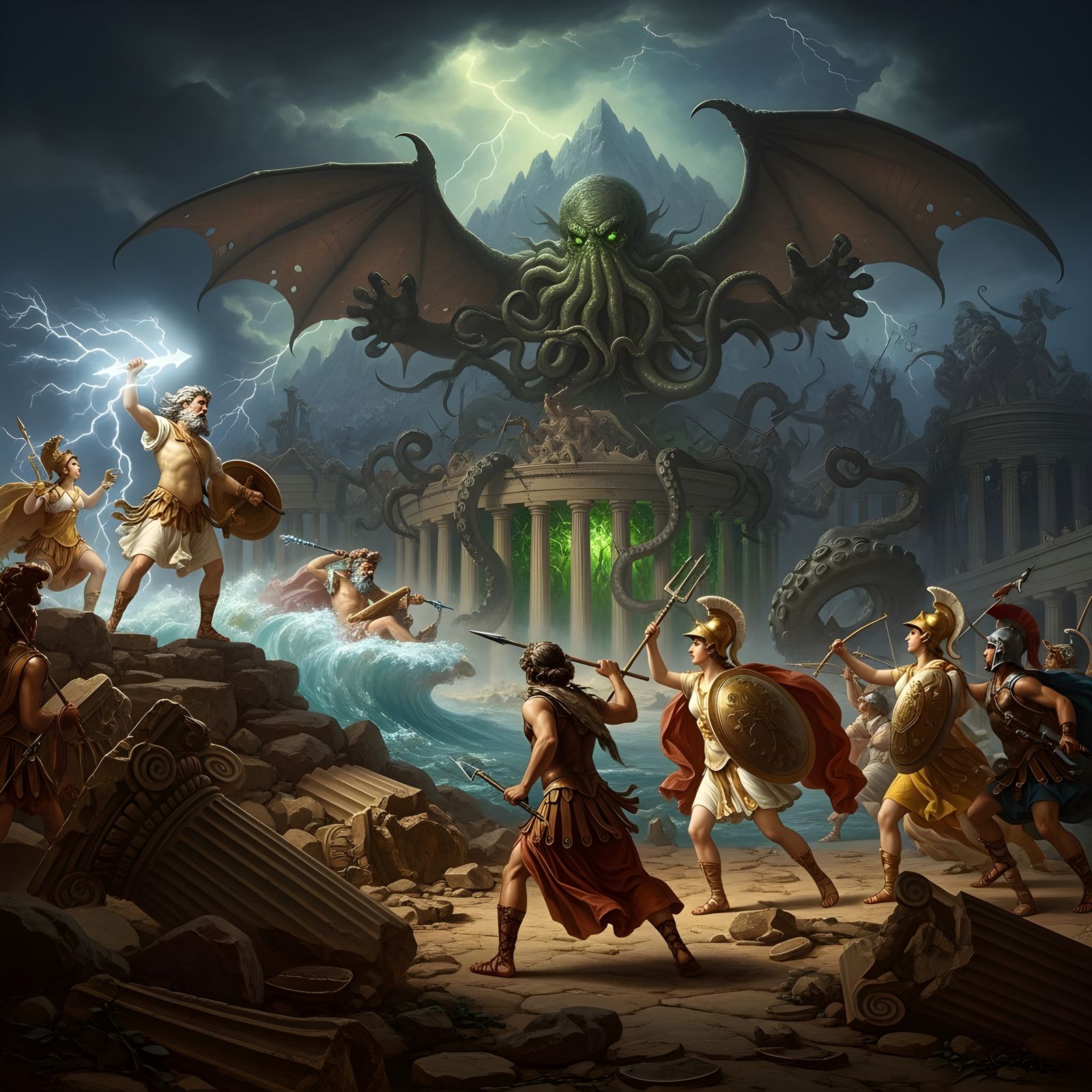Epic Battle of Gods and Cthulhu in Victorian Style