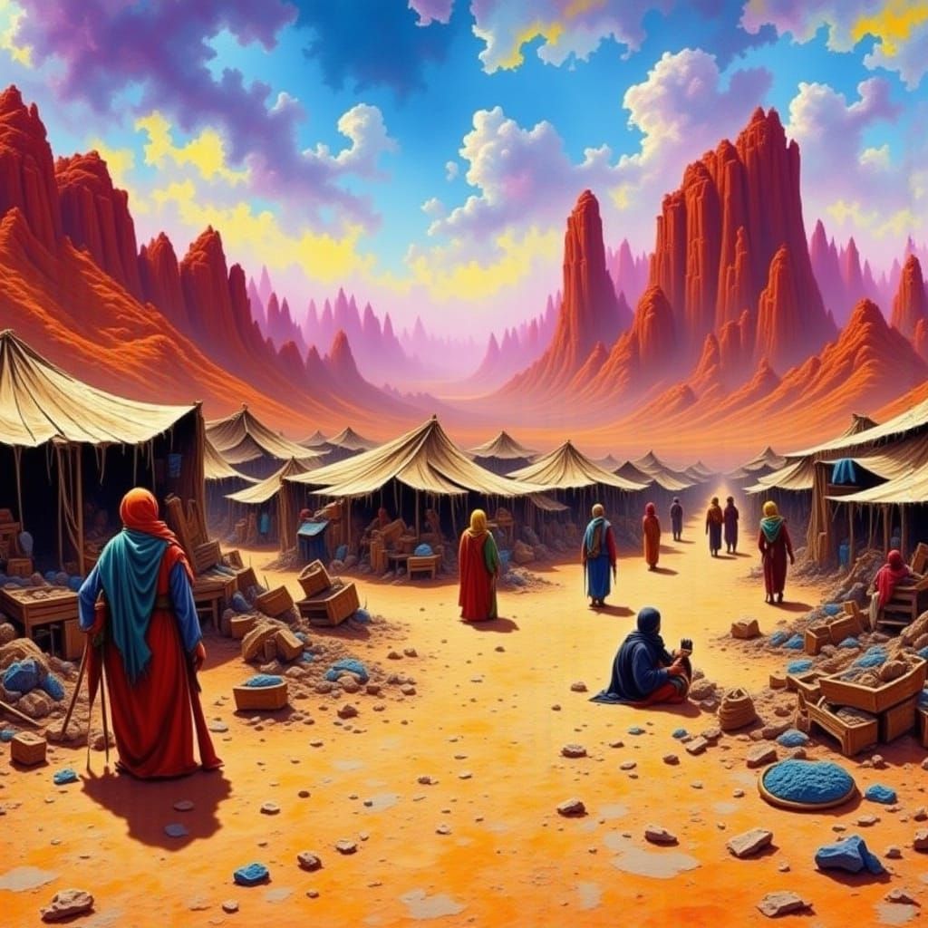Vibrant Desert Bazaar with Buyers and Sellers