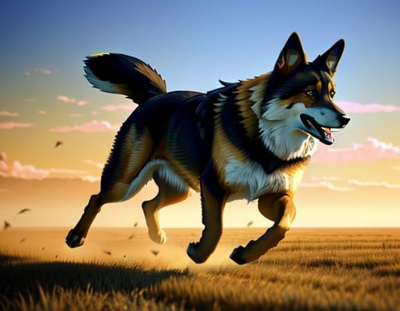 German Shepherd Chasing Fox in Dynamic Anime Style