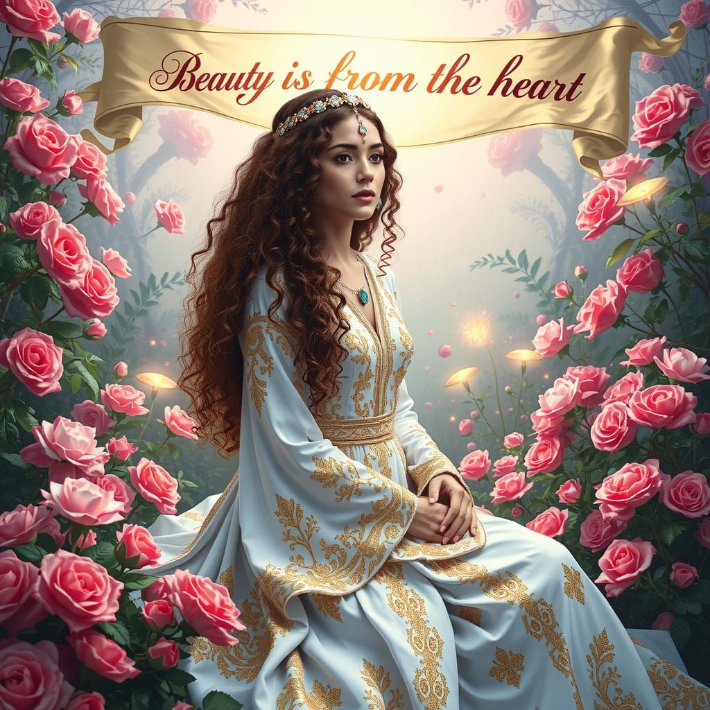 Serenely Adorned Goddess in Vibrant Rose Garden