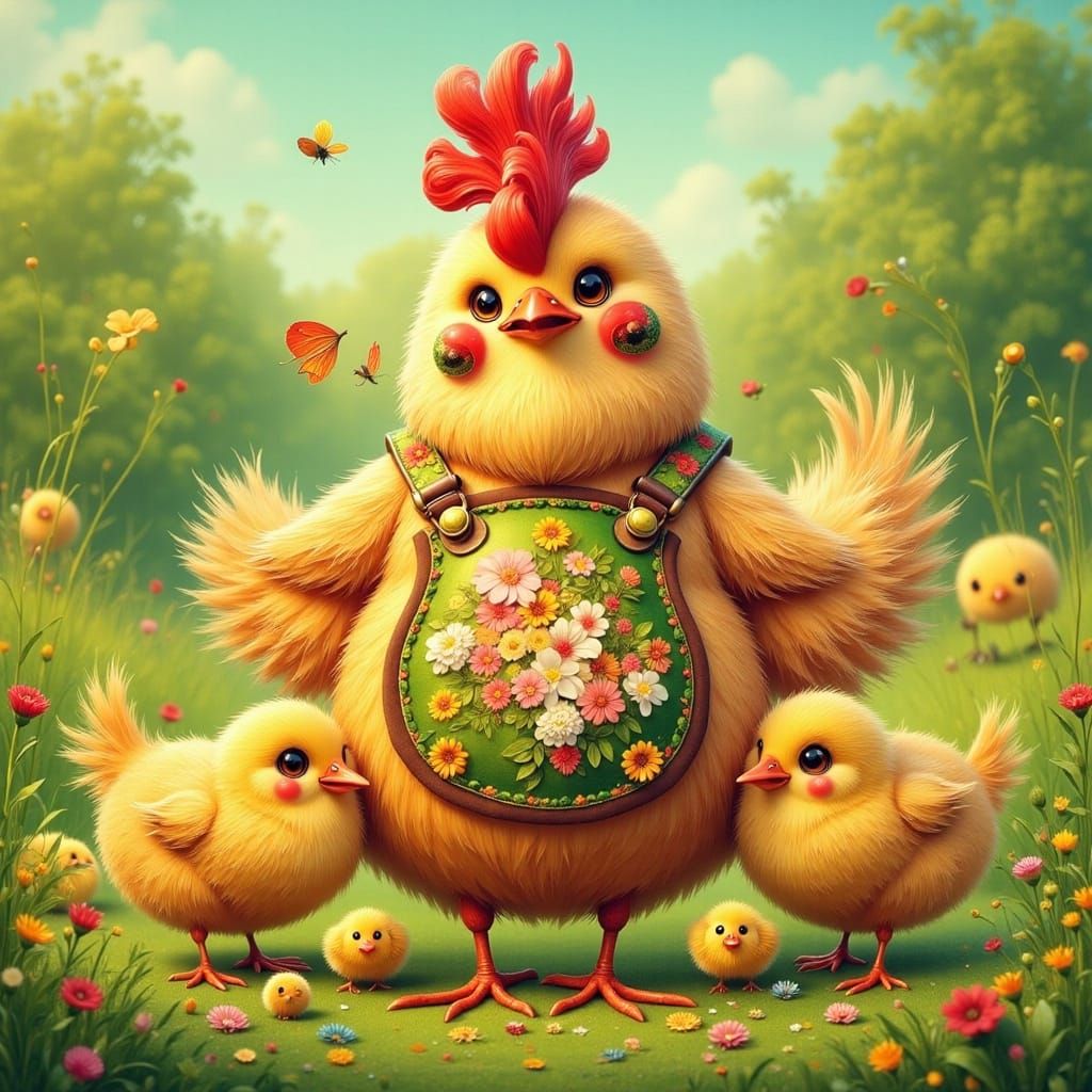 Vibrant Chibi Mother Hen & Adorable Chicks in a Bright Green...