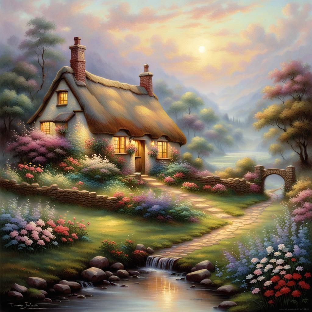 Ethereal Cottage in Flower Field, Fantasy Style