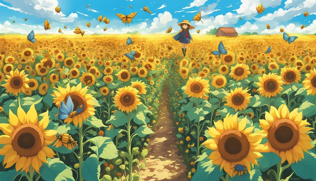 Lush Sunflower Field in Anime Key Visual Style