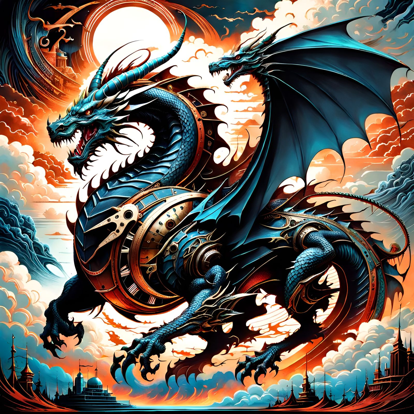Clockwork Dragon Race in the Clouds: Surreal Art