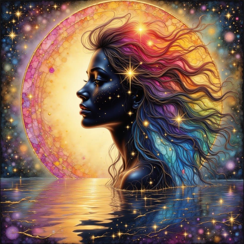 Woman With Rainbow Stained Glass Hair and Star Mandala Doubl...