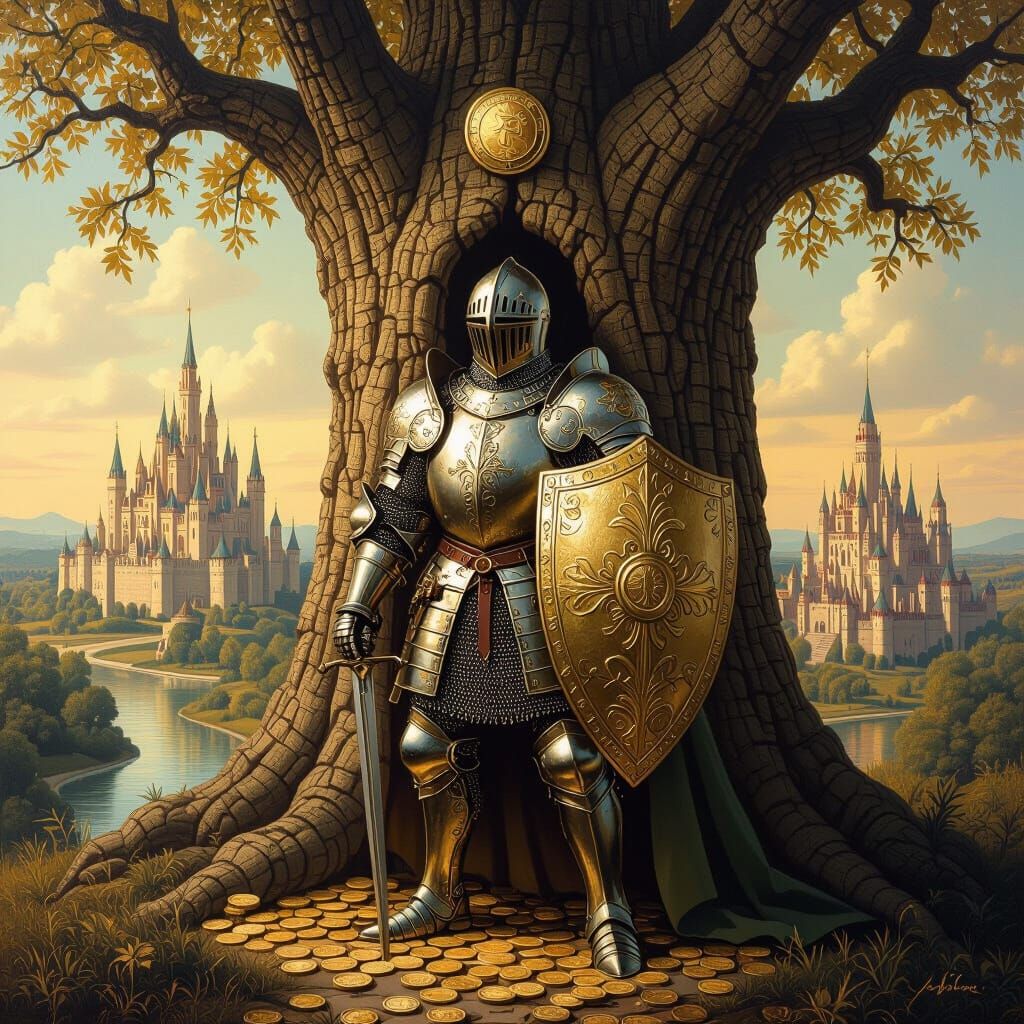 Knight in Money Armor Before Ancient Tree