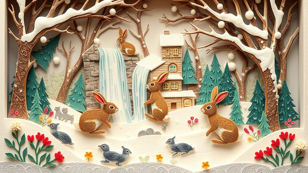 Intricate Papercraft Winter Scene with Rabbits and Waterfall