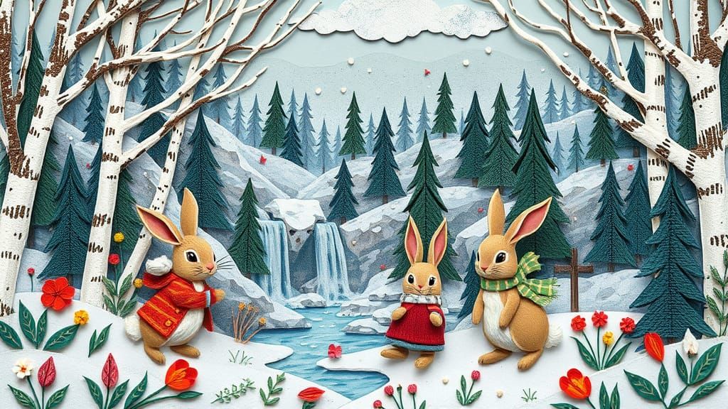 Winter Papercraft Landscape with Rabbits and Waterfalls