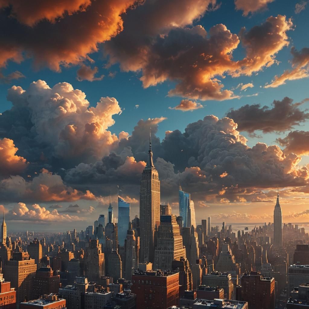 New York City Skyline with Colorful Clouds