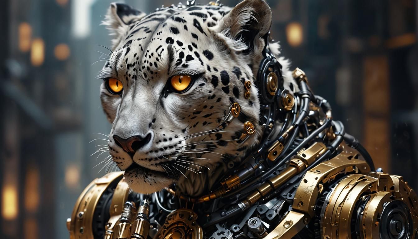 Cyborg Snow Leopard Holding Mechanical Heart