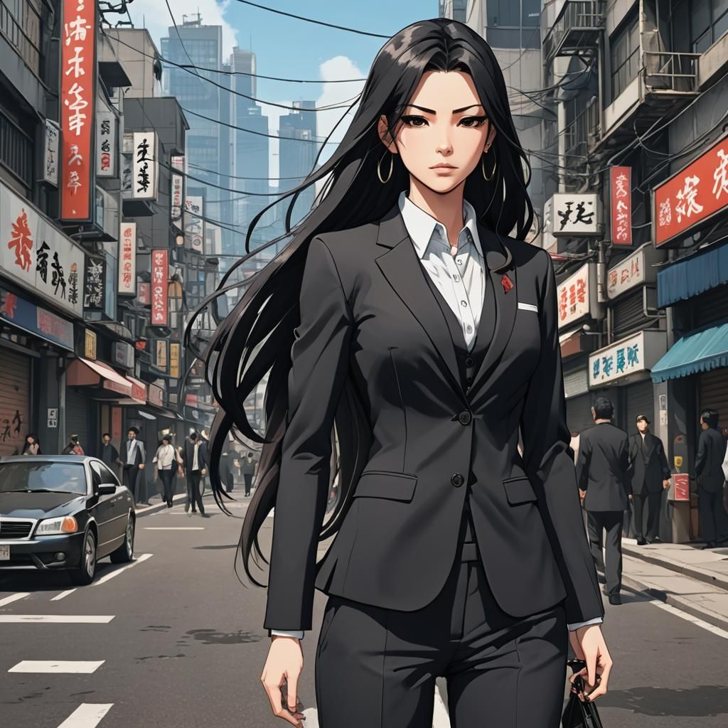 Anime-Style Female Yakuza in Stylish Black Suit