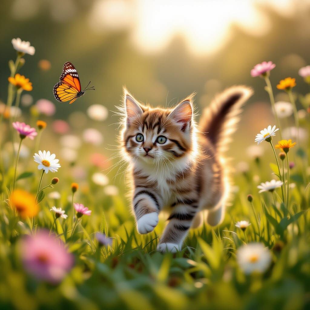 Kitten and Butterfly in Sun-Drenched Meadow