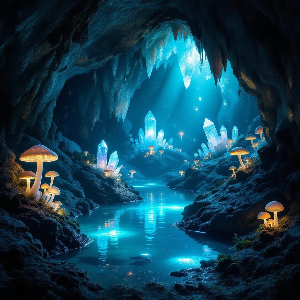Bioluminescent Cave with Crystals and Glowing Mushrooms
