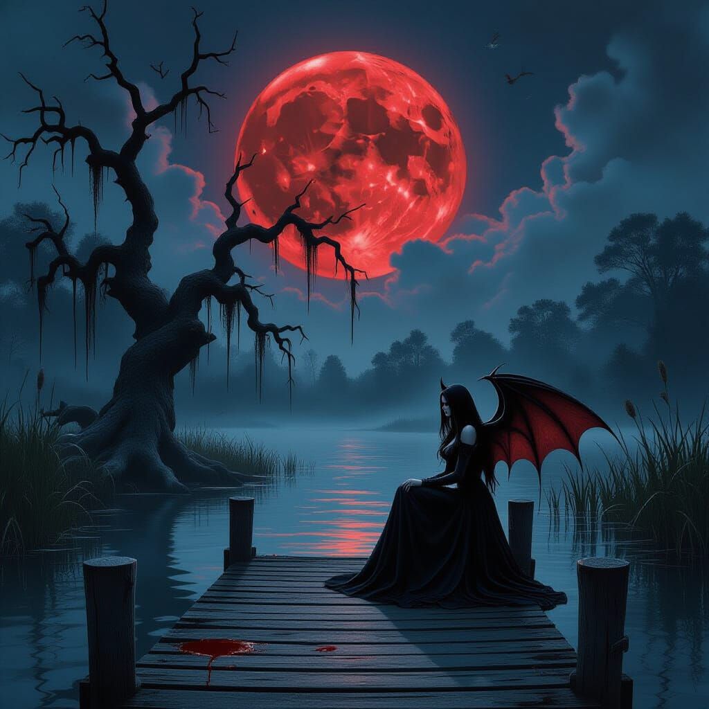 Gothic Horror: Vampire on Haunted Swamp Dock