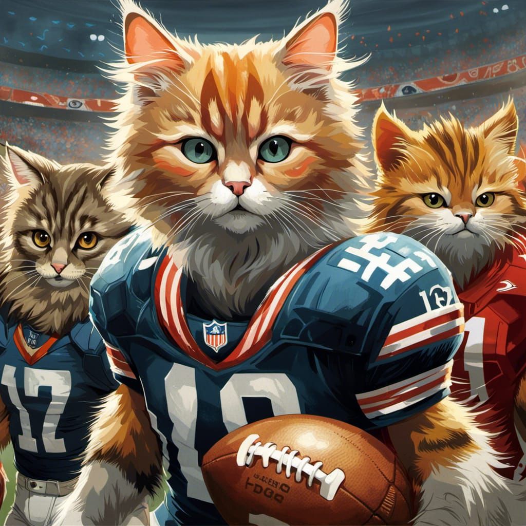 Anthropomorphic Cat Football Scene in Digital Art