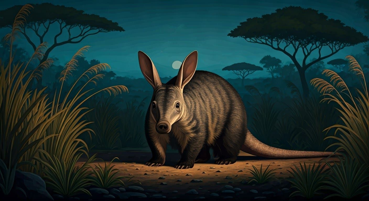 Aardvark in Moonlit Savannah Landscape, in Traditional Zoolo...