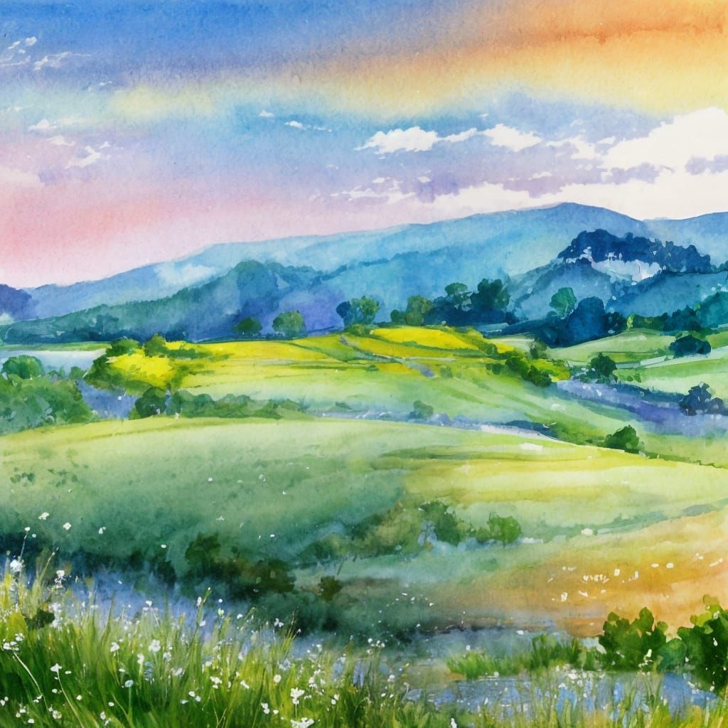 Whimsical Watercolor Fantasy Landscape with Scattered Gemsto...