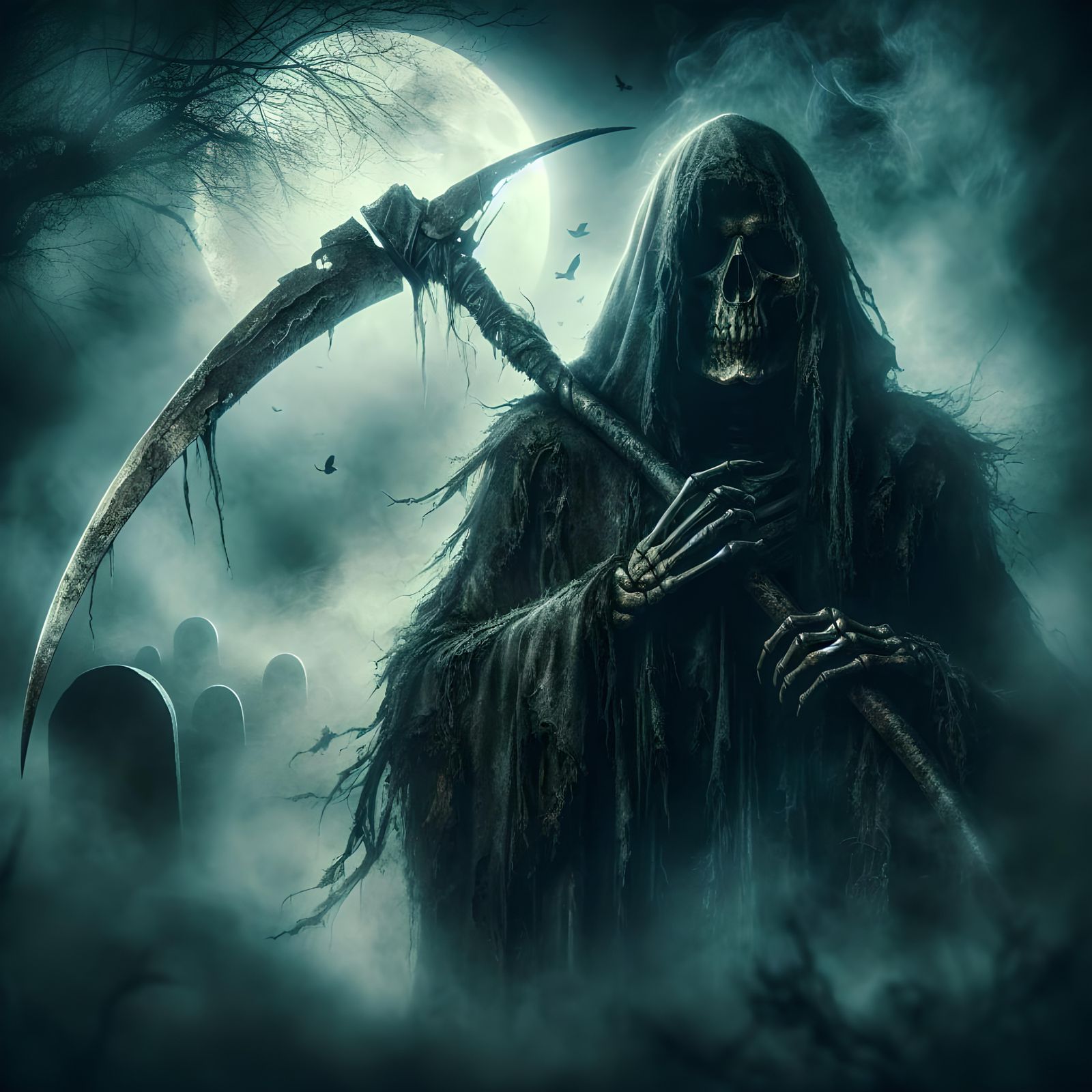Dark Fantasy Grim Reaper in Graveyard Illustration