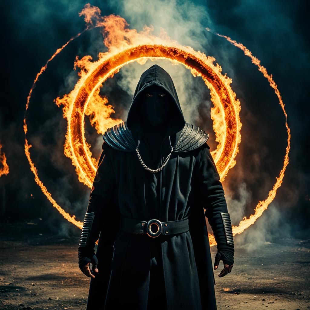 Dramatic Hooded Assassin Surrounded by Fire
