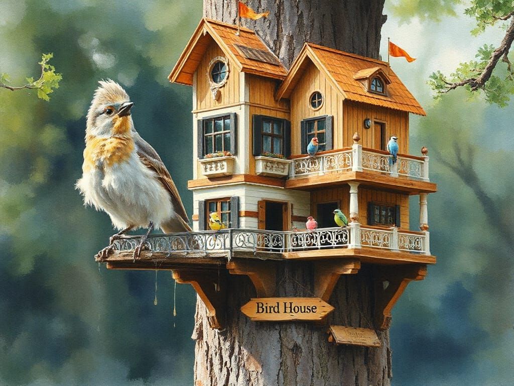Watercolor Birdhouse Castle in Post-Impressionist Style