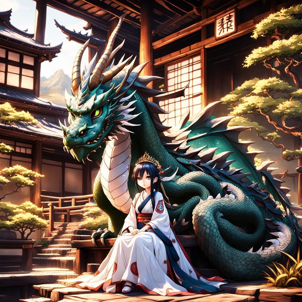 Anime Dragon Princess in Japanese Garden