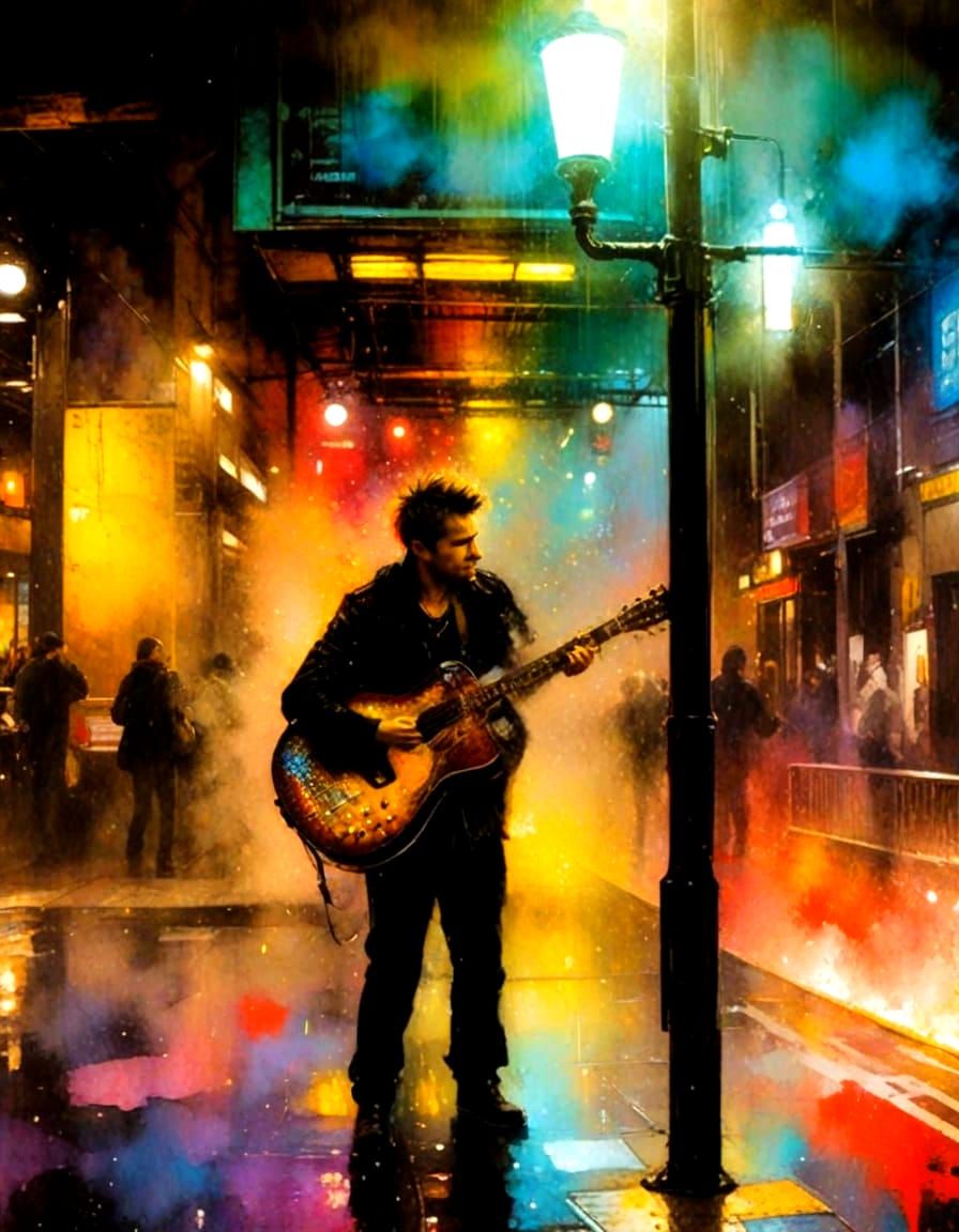 Electric Punk Guitarist Performs on a Glittering Subway Plat...