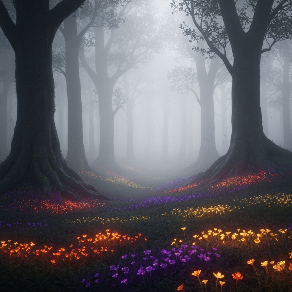 Misty Forest with Bioluminescent Flowers in Fantasy Art Styl...
