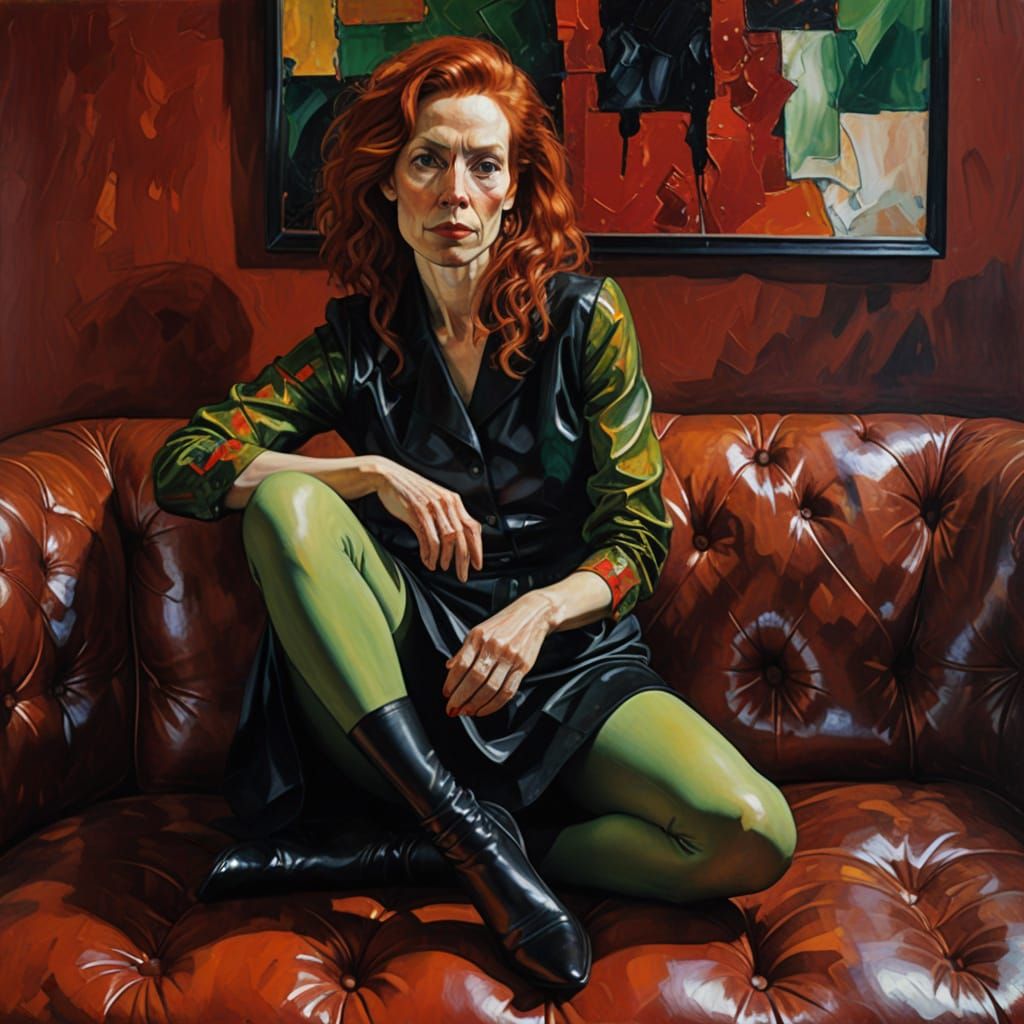 Vibrant Portrait of a Red-Haired Woman in a Bold Oil Paintin...