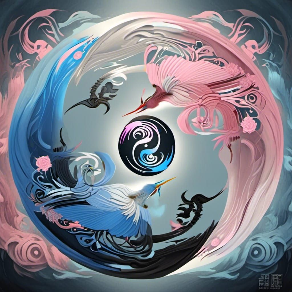 Cranes in Yin Yang Vortex of Pink and Blue Mist