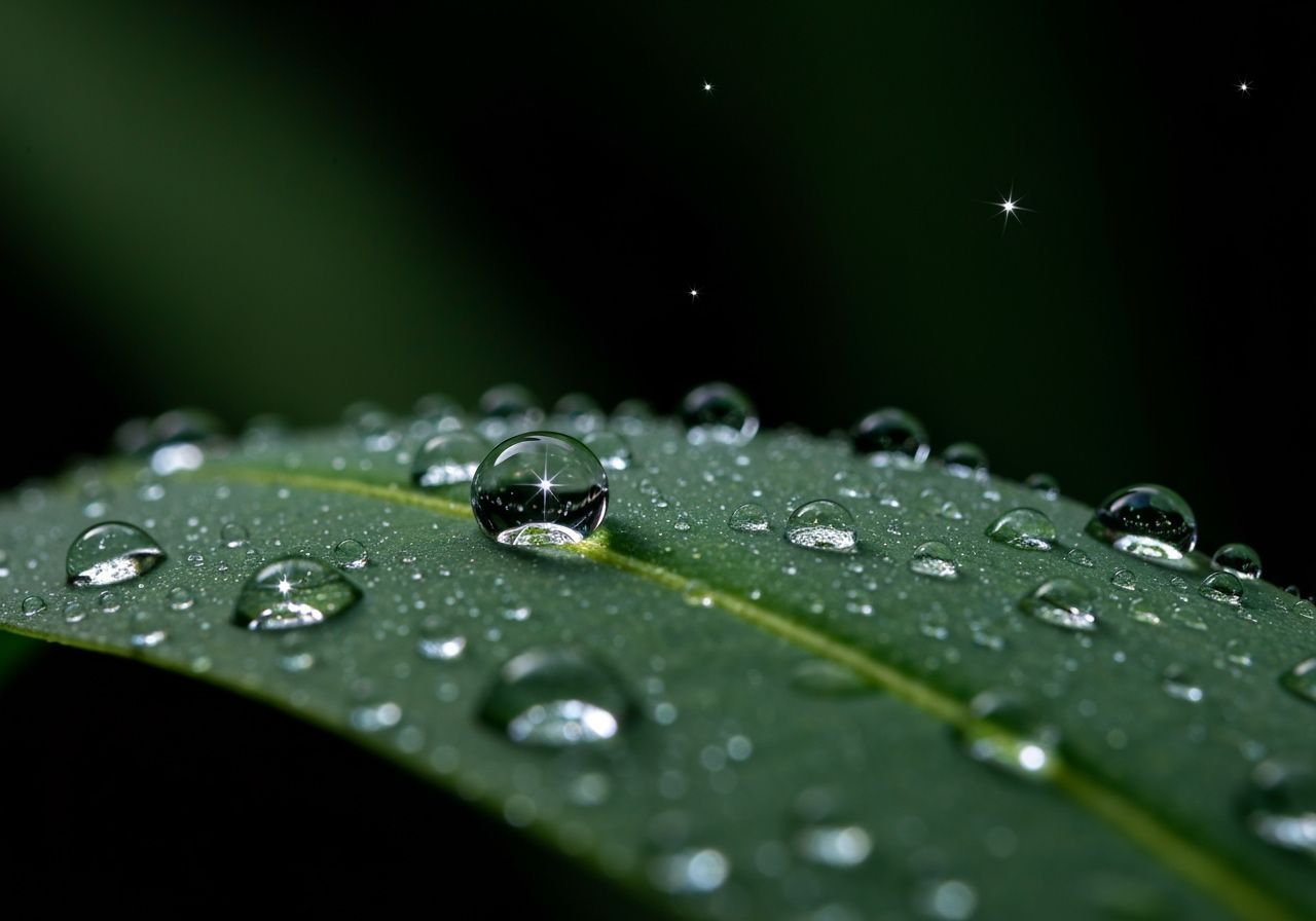 Macro Dewdrop Photography: Star Reflections on Green Leaf at...