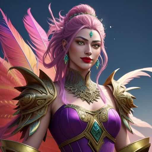 Pink Skinned Woman with Peacock Feathers, Fantasy Art