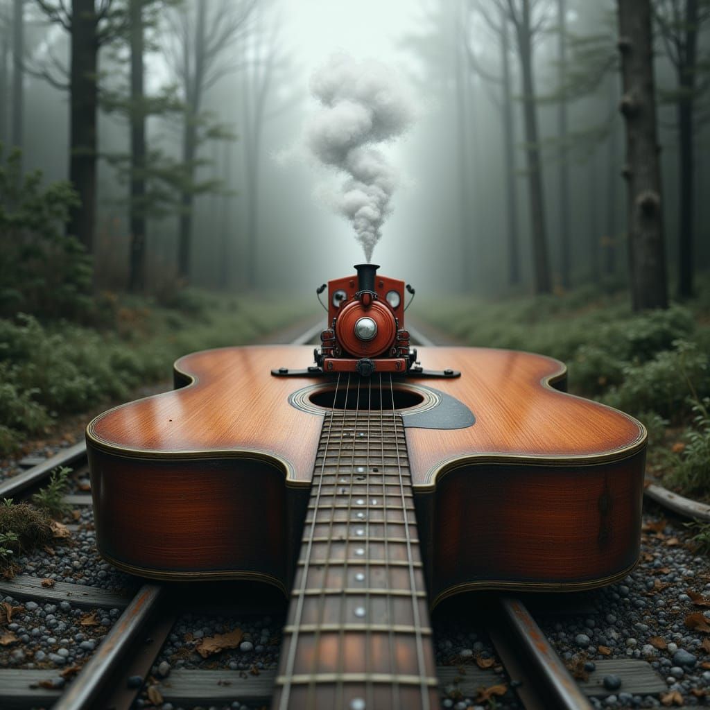 Surreal Guitar Landscape with Vintage Train in Foggy Forest