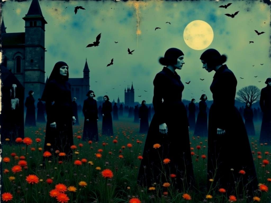Cinematic Ghouls in Moonlit Cemetery with Swirling Bats