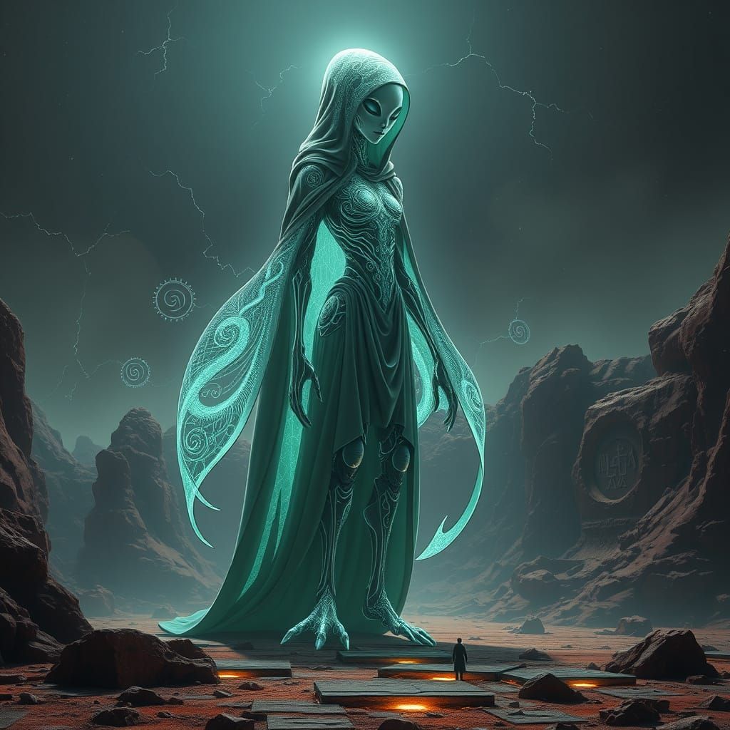 Cyberpunk Alien Queen in Escher-Inspired, Bioluminescent Glo...