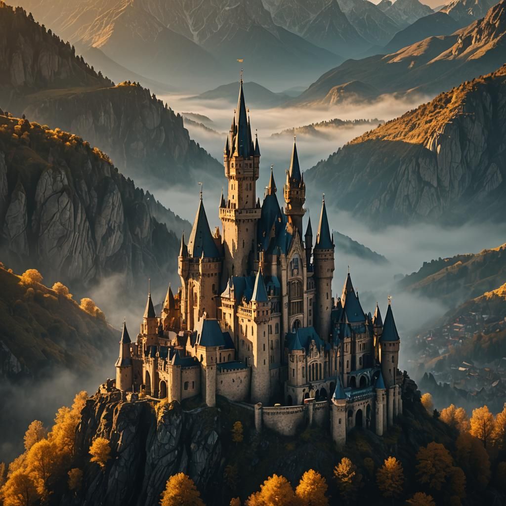 Golden Castle Amidst Misty Mountains at Sunset