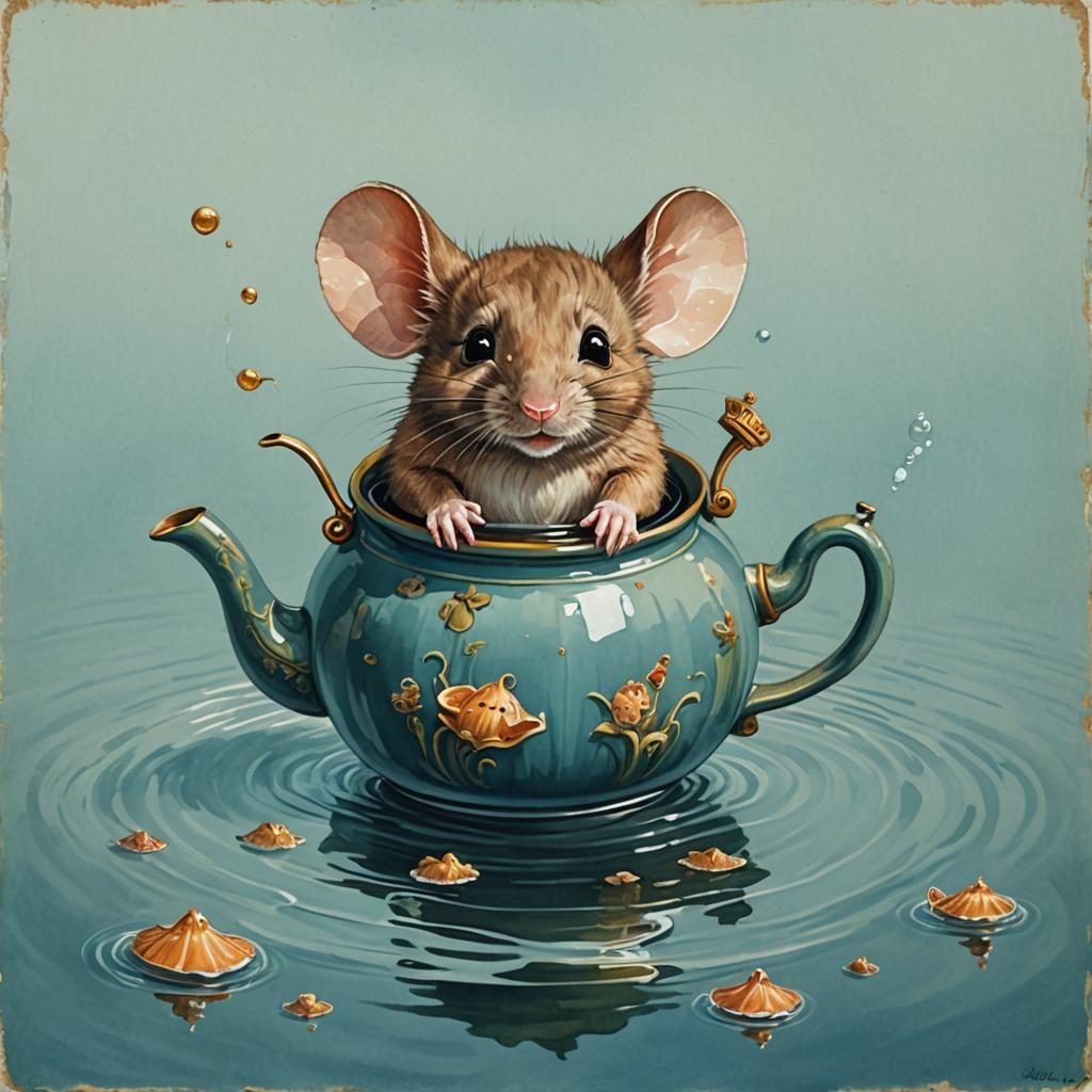 Mouse on Teapot: Detailed Gouache Painting