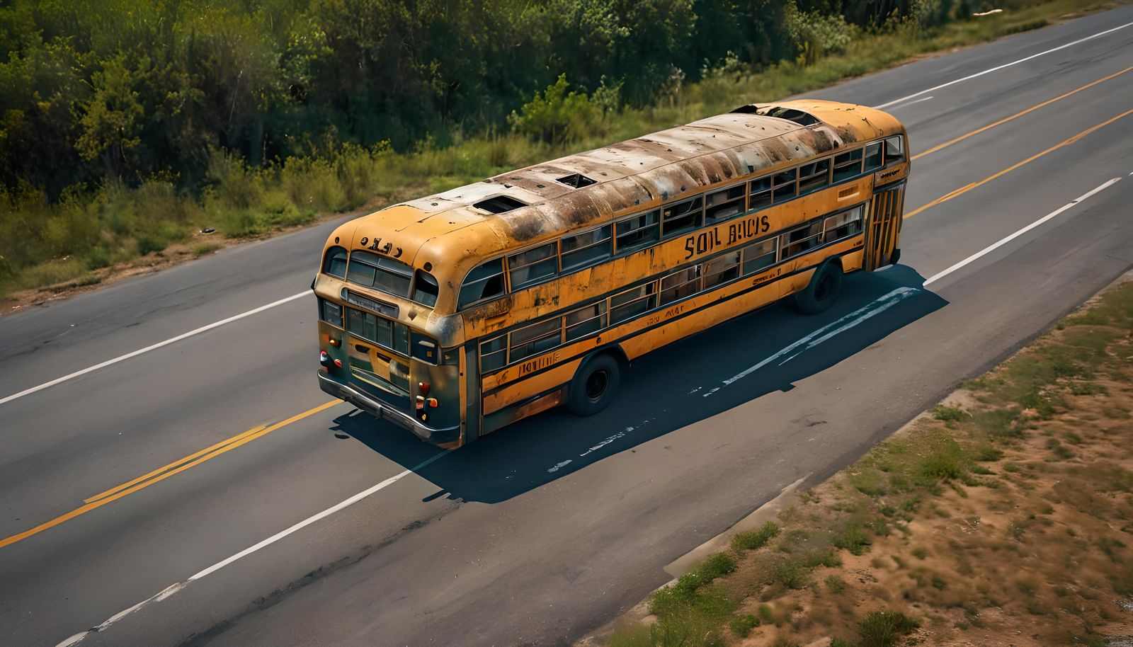 Dilapidated Double-Decker Bus: Aerial Drone Photography