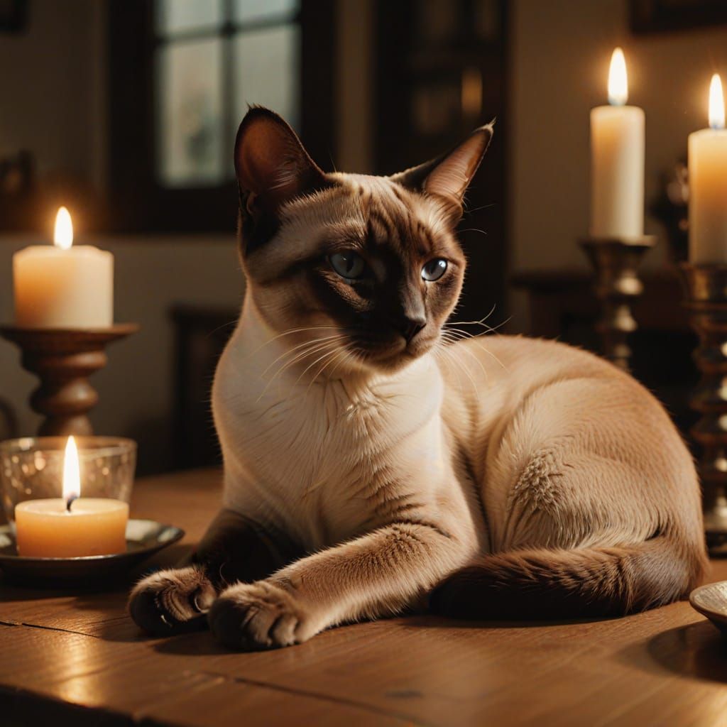 Siamese Cat Sleeping by Shabbat Candles in Warm Oil Painting...
