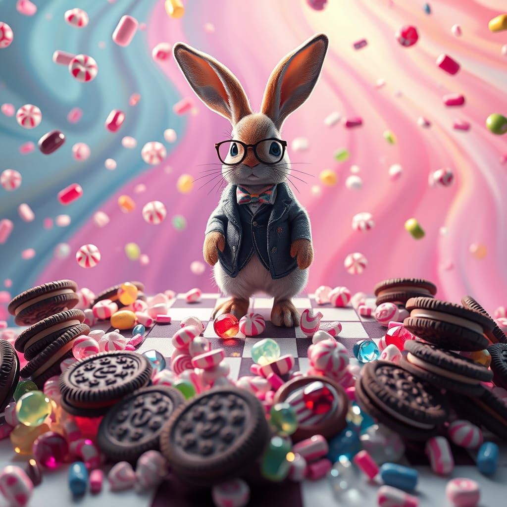Whimsical Rabbit in a Vibrant Checkerboard Wonderland