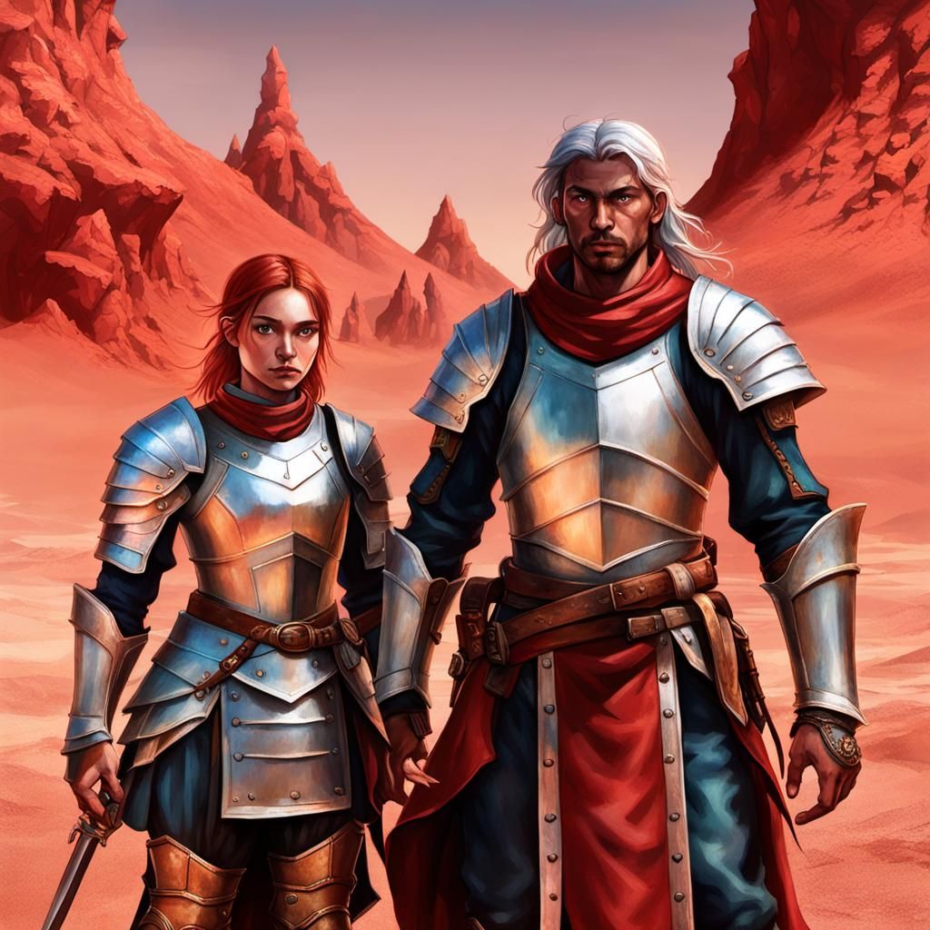 Closeup of two soldiers (1.5) and mages(1.5) in fantasy Medieval French-inspired armor and three mages. A mix of male an...