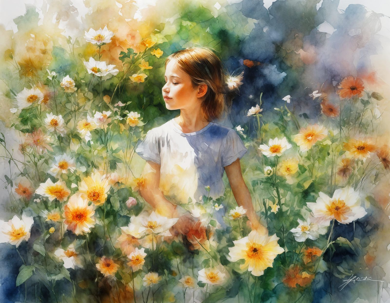 Gentle Dad Tends Vibrant Garden in Watercolour Style
