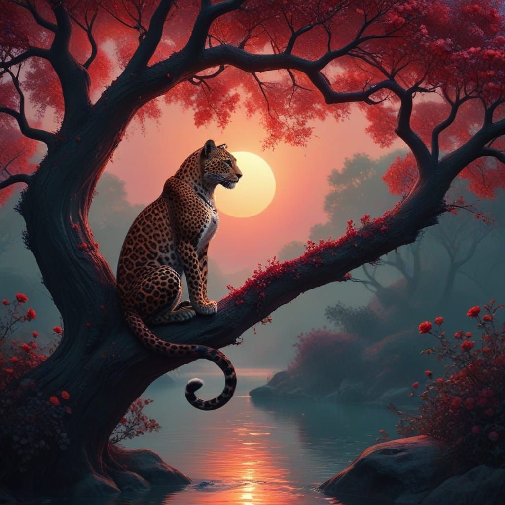 Leopard on Sparkling Tree of Life in Vibrant Sunset