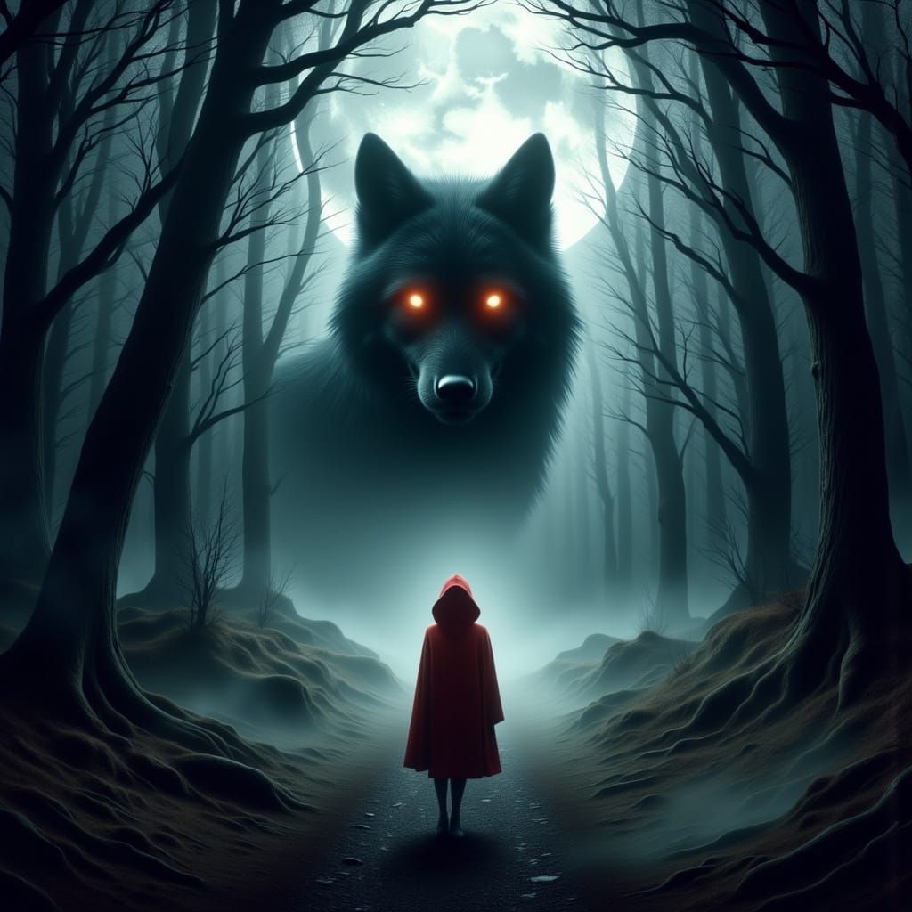 Little Red Riding Hood Walks Alone in a Haunting Fog-Shroude...